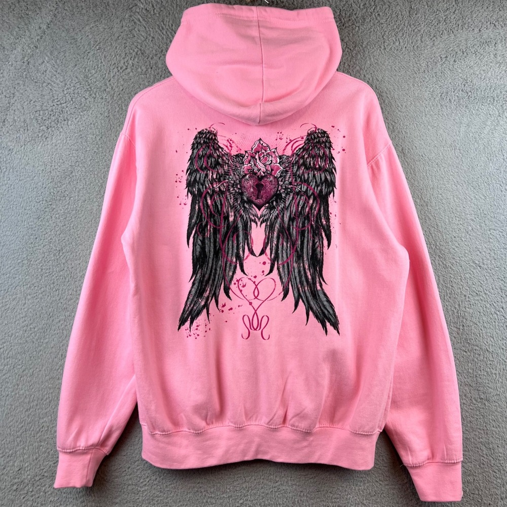 ESY SURF CO Y2K Pink Angel Wing Heart Zip Up Hoodie Sweatshirt Classic M